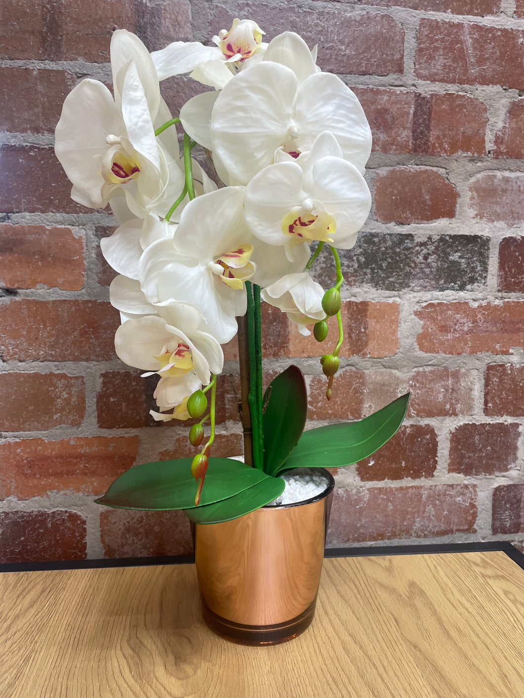 Artificial Cream Orchid in Rose Gold Glass Pot