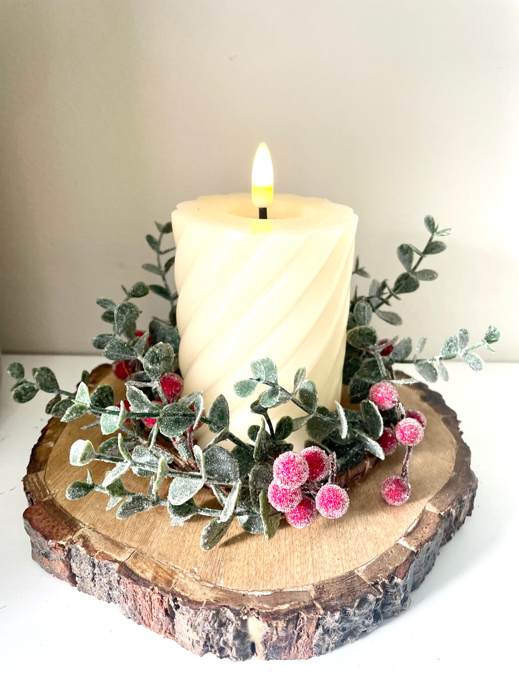 Frosted Winter Red Berry Candle Ring