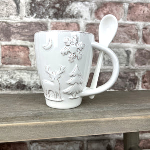 White Embossed Christmas Scene Mug & Spoon